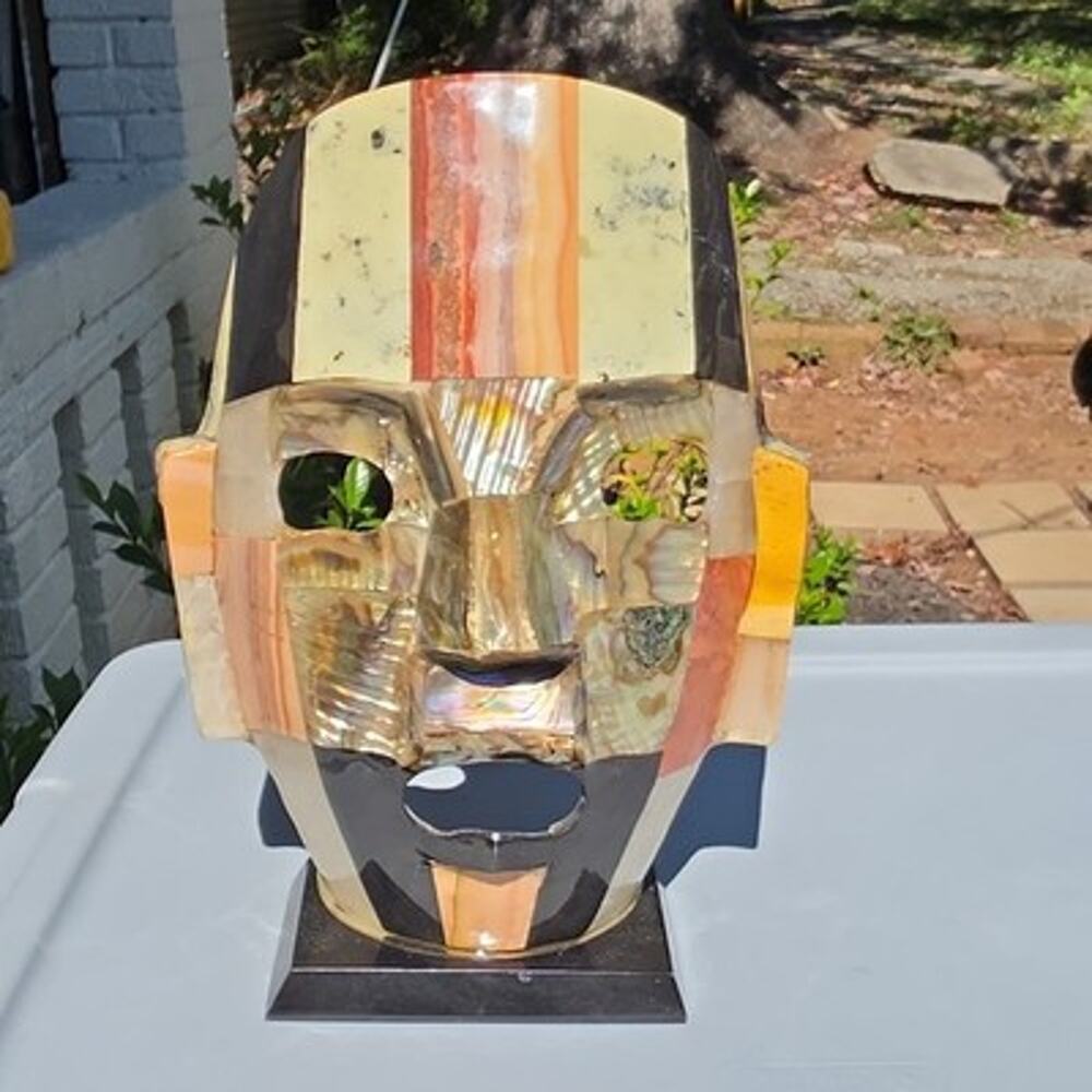 Mexican mosaic mask sculpture, referred to as a Mayan/Aztec death mask souvenir.